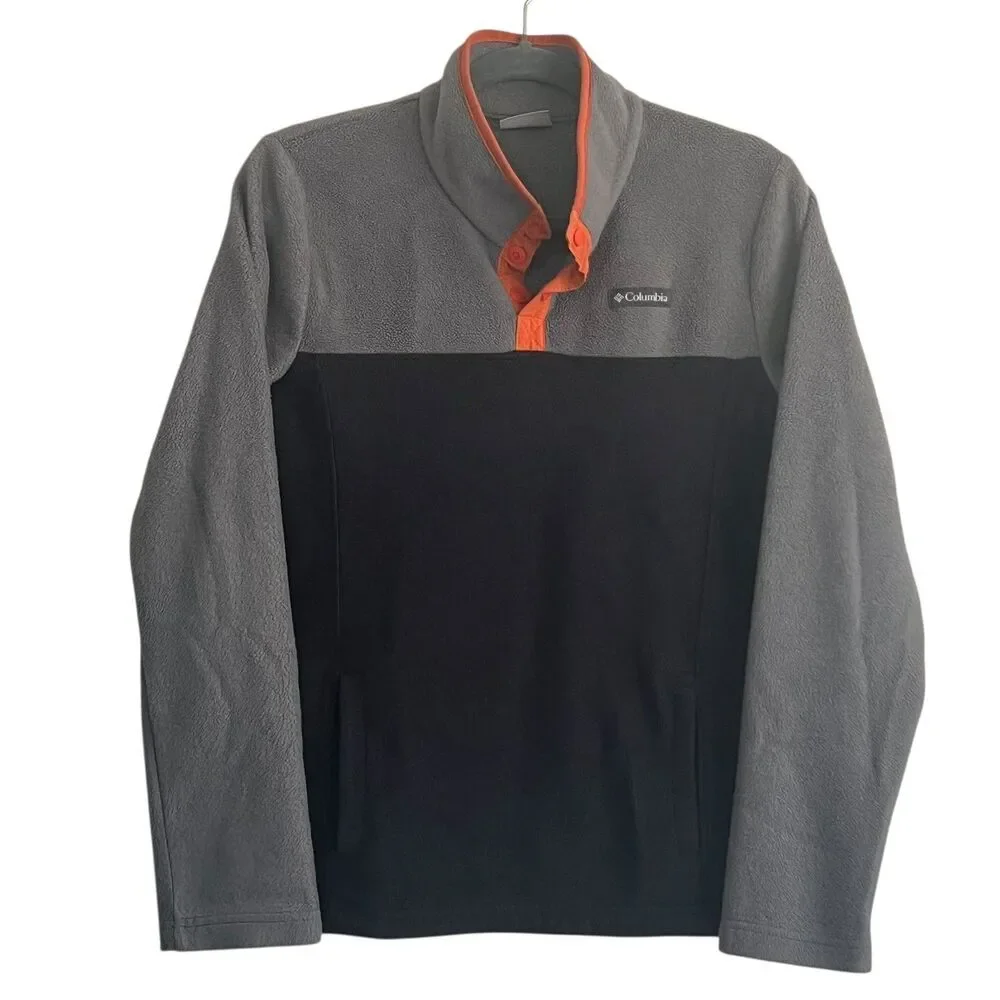Columbia Boy's Fleece Pullover Snap Neck Color Block Gray Black Orange XL(18-20)